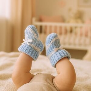 Hand Crafted Crochet Baby Shoes Baby Blue and white Tread & Handmade Bow Ribbon